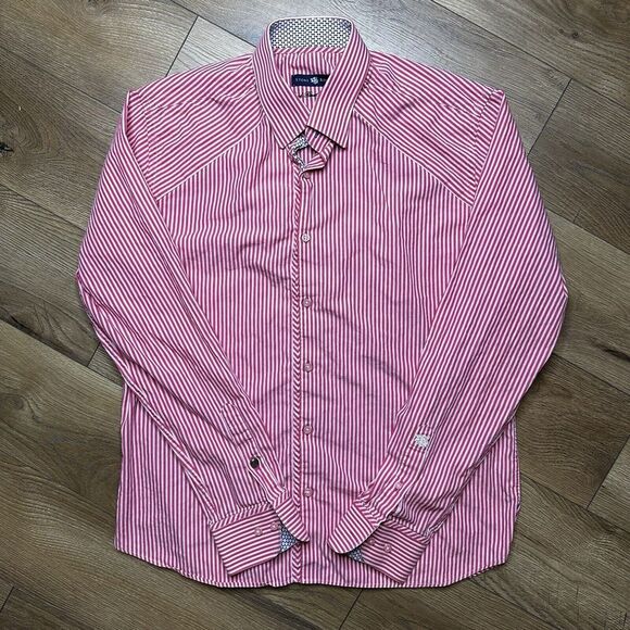 Stone‎ Rose Shirt Mens White Pink Striped Cotton Black Rivet Button Up 4 Large - Picture 1 of 7